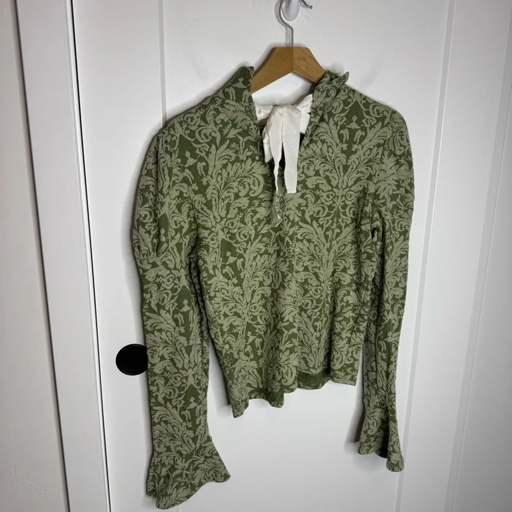 Anthropologie Puff Sleeve Turtleneck Jacquard Top Green Floral Ribbon Medium